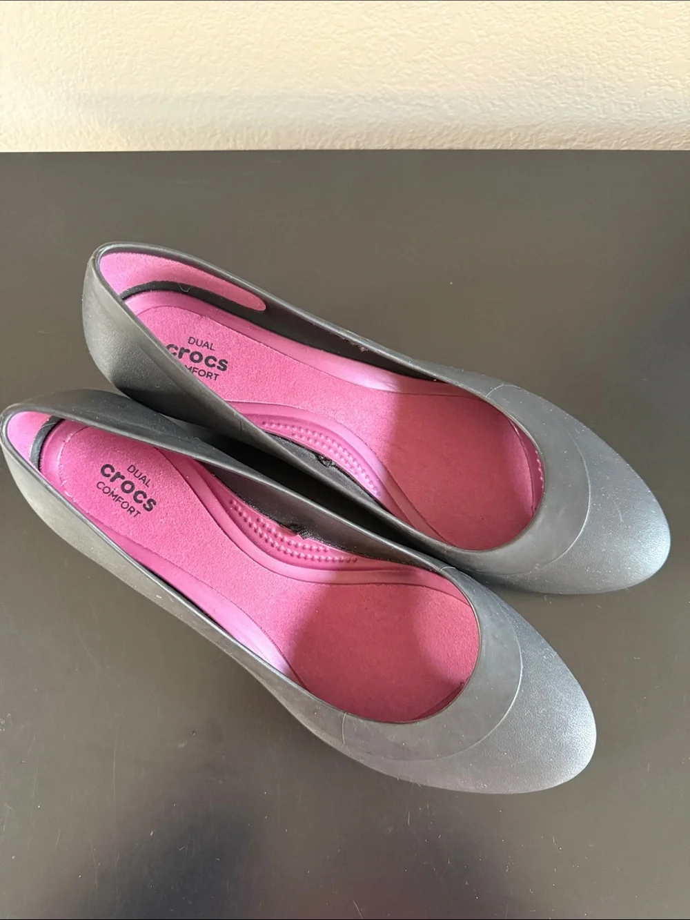 CROCS Women's Black Lina Wedge with Pink Insole
